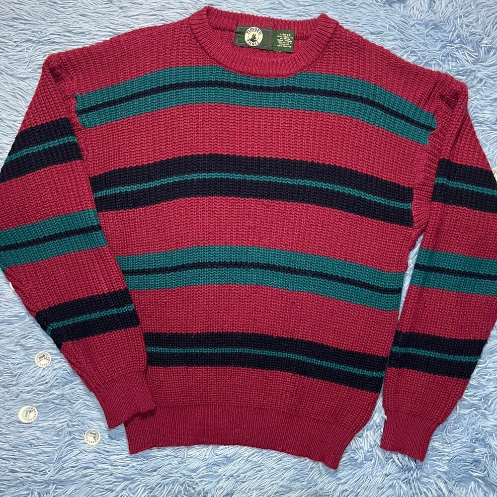VINTAGE Timber Trail Stripe Crewneck Sweater Size Large Mens 100% Acrylic Red